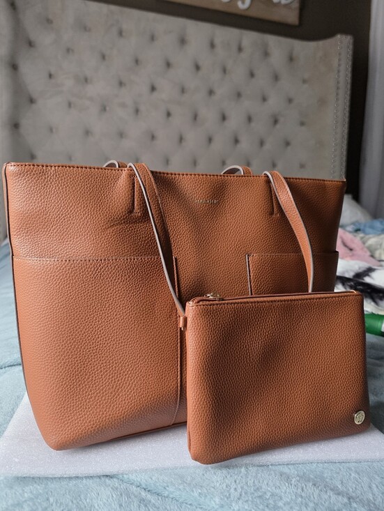 Anne Klein Handbags - Anne Klein Caramel Pebble Leather Tote Bag with Matching Zip Pouch Set